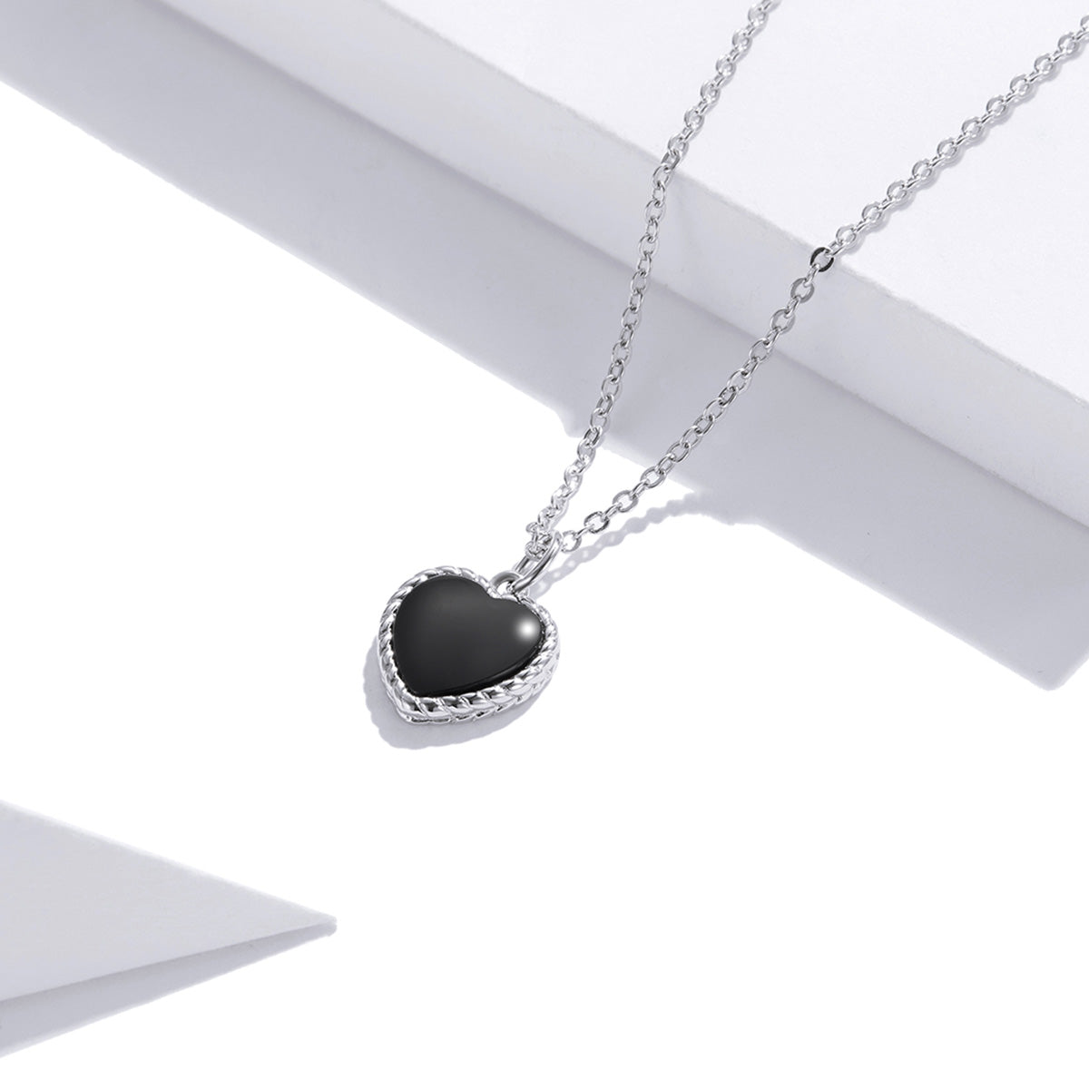 Sterling Silver Black Agate Stone Heart Adjustable Hypoallergenic Necklace