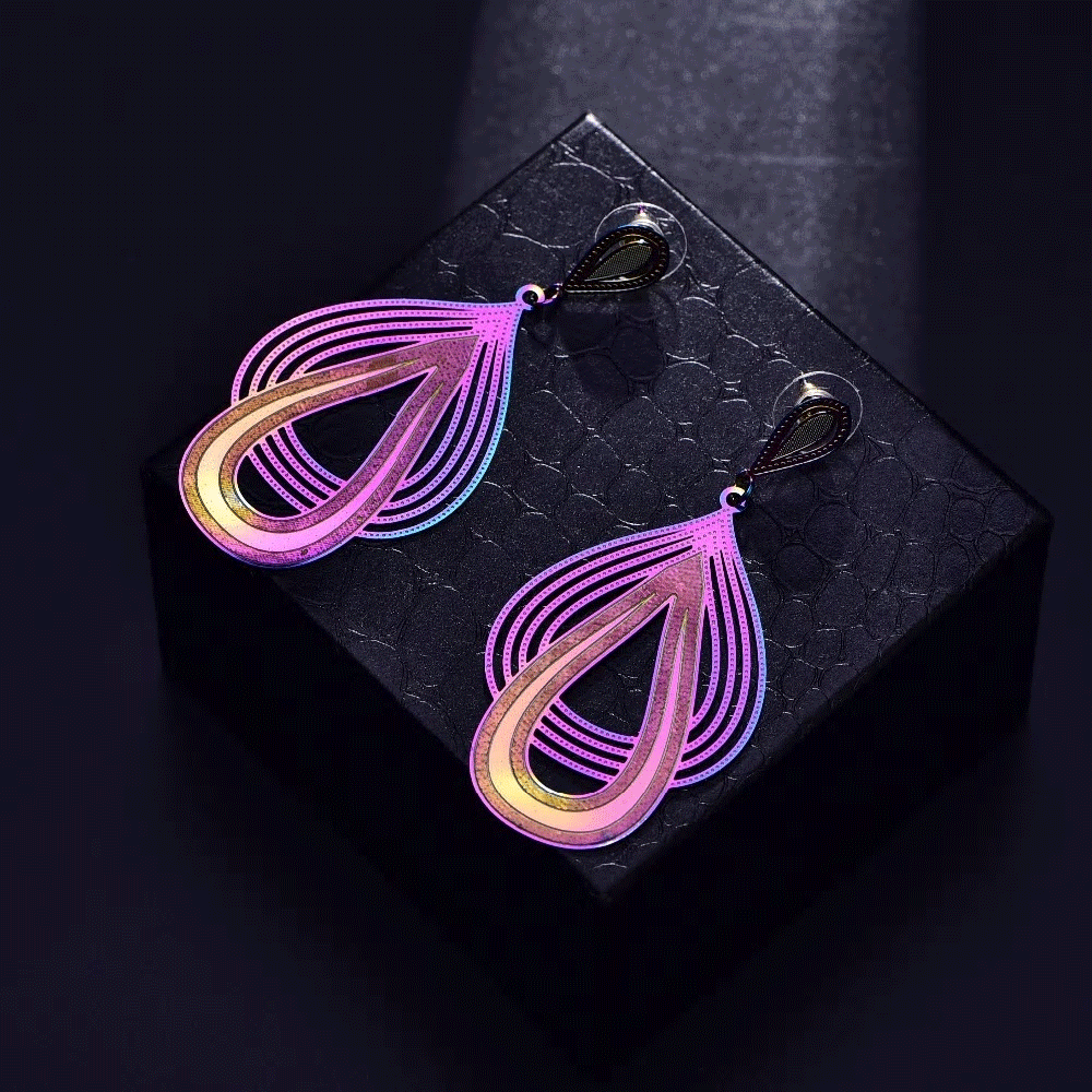 Stainless Steel Holographic Dangle Long Stud Earrings