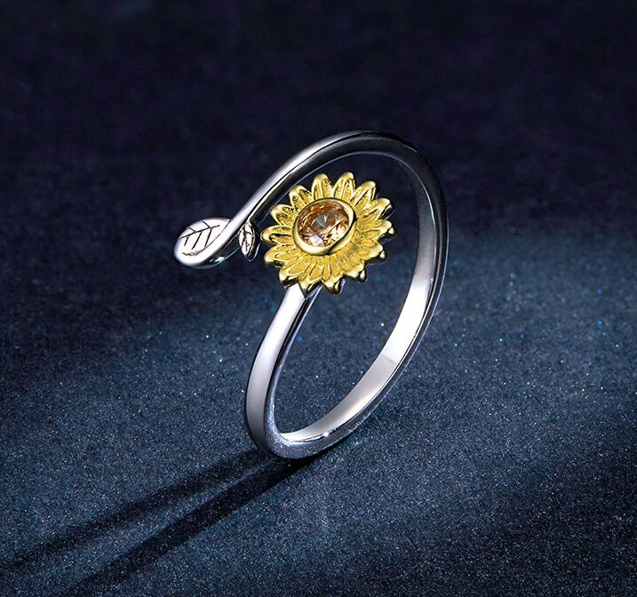 Sterling Silver Cubic Zirconia Sunflower Adjustable Hypoallergenic Ring