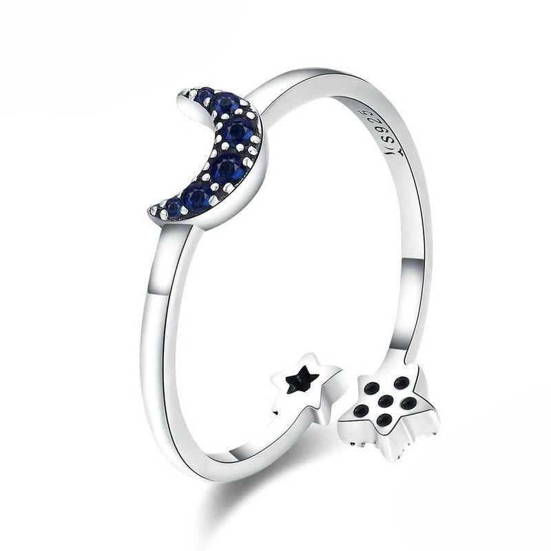 Sterling Silver Sparkling Blue Moon & Star Adjustable Hypoallergenic Ring