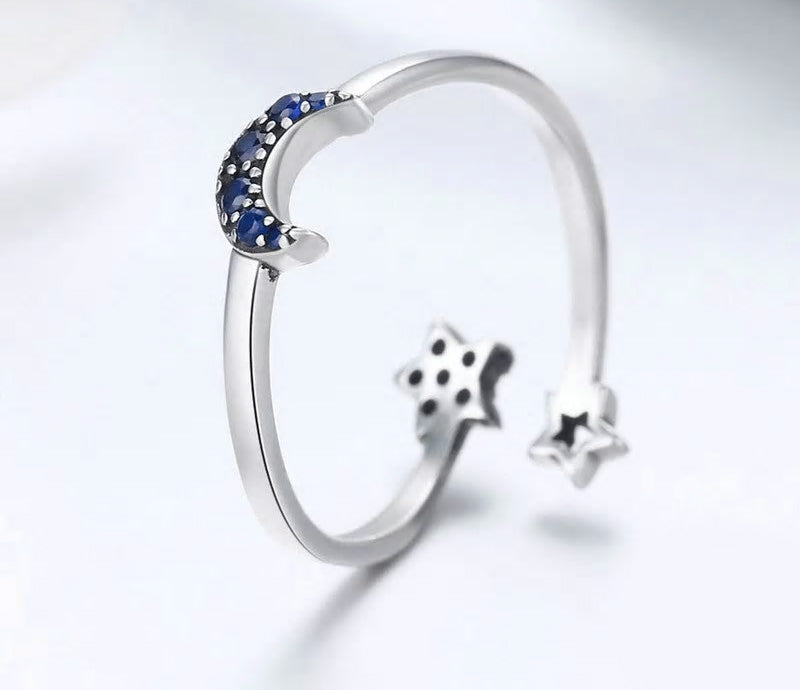 Sterling Silver Sparkling Blue Moon & Star Adjustable Hypoallergenic Ring