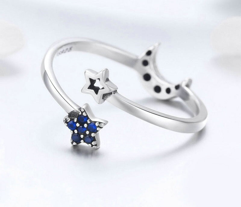 Sterling Silver Sparkling Blue Moon & Star Adjustable Hypoallergenic Ring