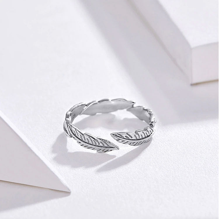 Sterling Silver Feathers Adjustable Hypoallergenic Ring