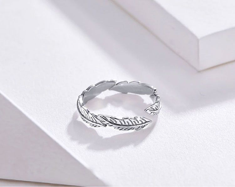 Sterling Silver Feathers Adjustable Hypoallergenic Ring