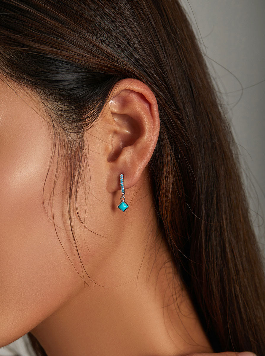 Sterling Silver Vintage Turquoise Drop Huggie Hypoallergenic Earrings