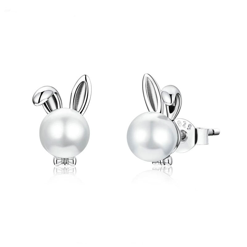 Sterling Silver Pearl Bunny Stud Hypoallergenic Earrings