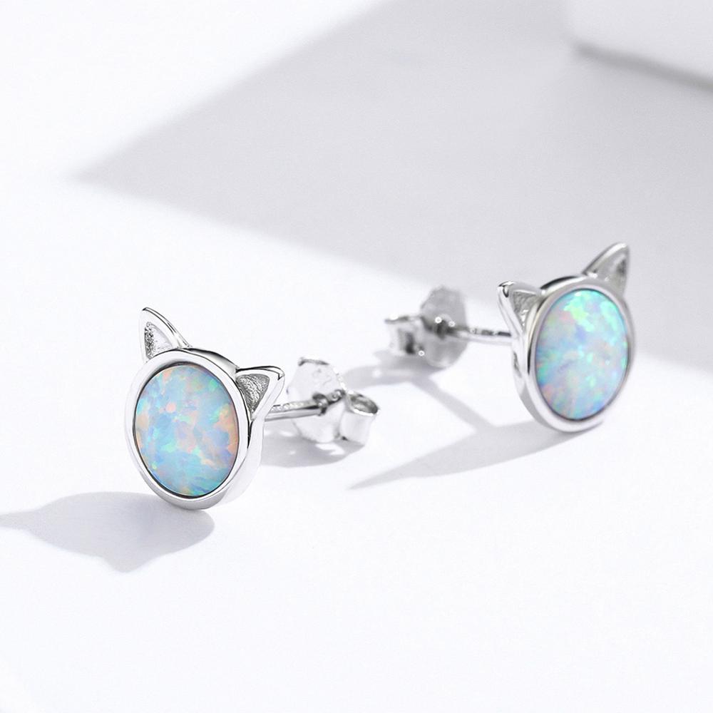 Sterling Silver Opal Kitten Stud Hypoallergenic Earrings