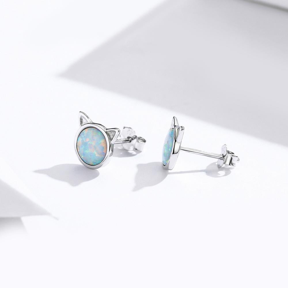 Sterling Silver Opal Kitten Stud Hypoallergenic Earrings