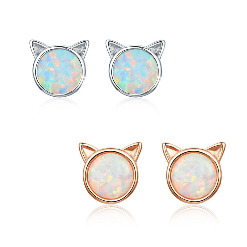 Sterling Silver Opal Kitten Stud Hypoallergenic Earrings