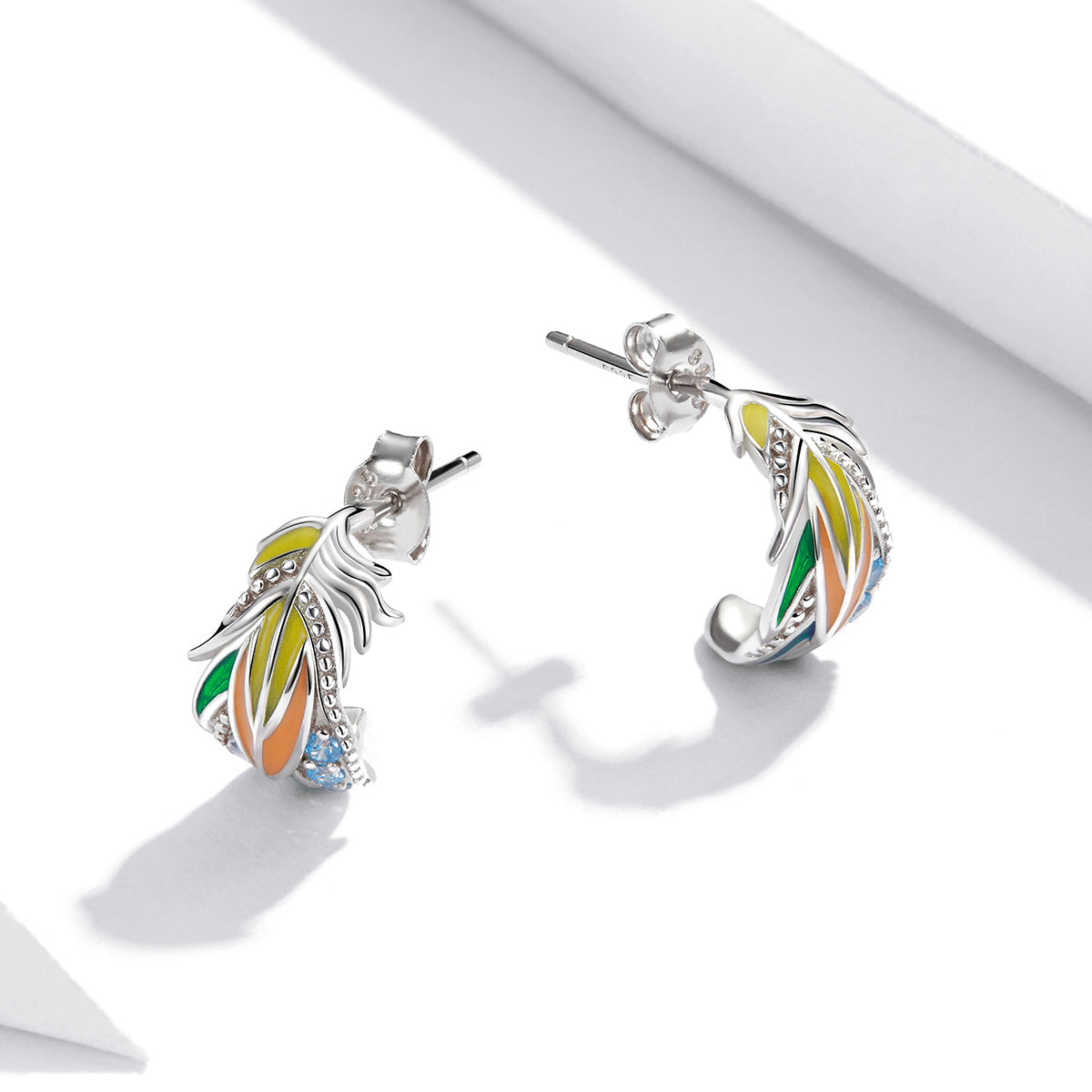 Sterling Silver Coloured Stylish Feathers Stud Hypoallergenic Earrings