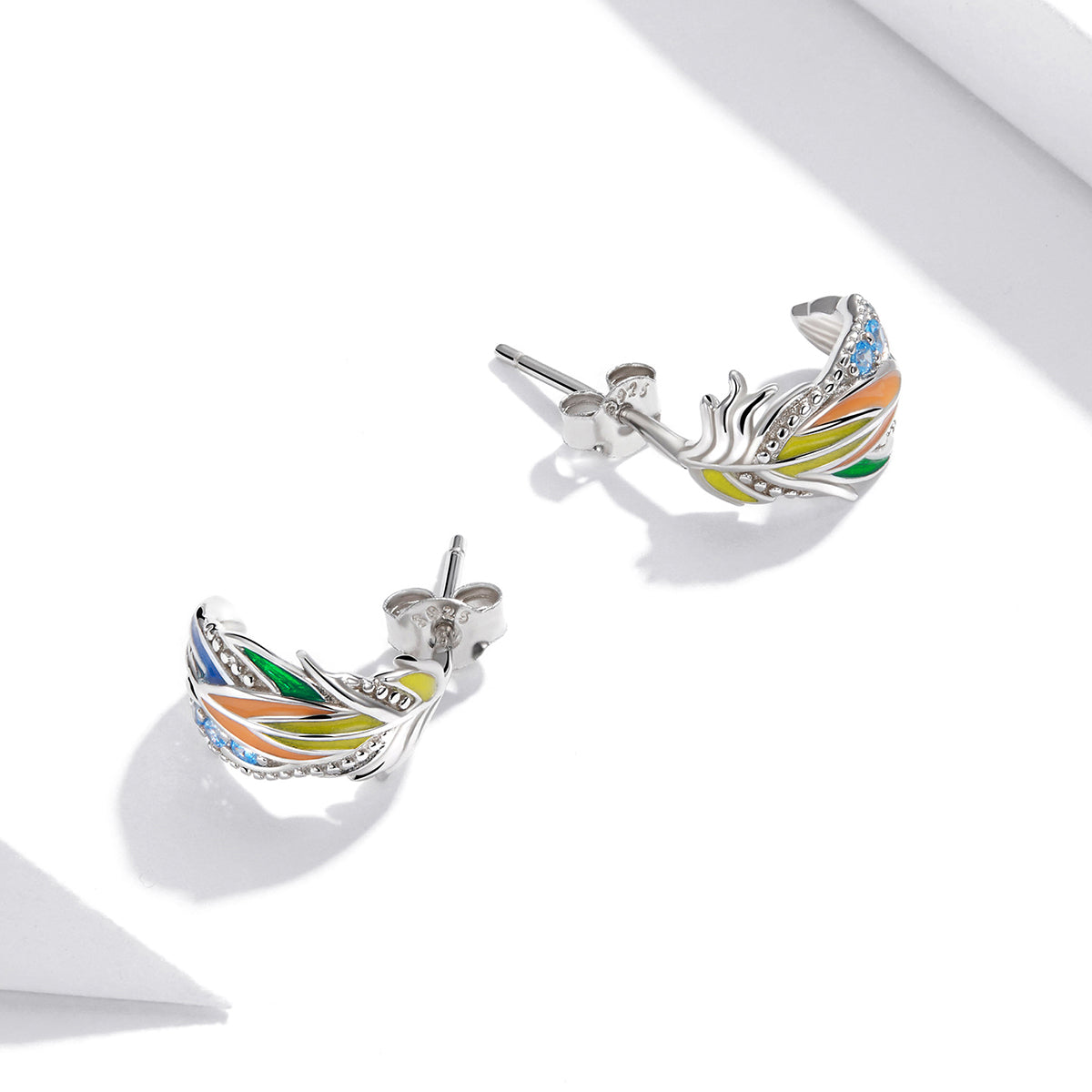 Sterling Silver Coloured Stylish Feathers Stud Hypoallergenic Earrings