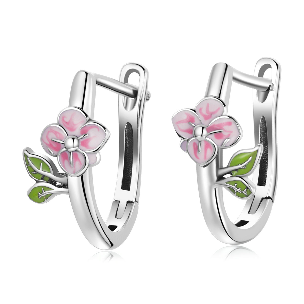 Sterling Silver Pink Cherry Blossom Huggie Hypoallergenic Earrings