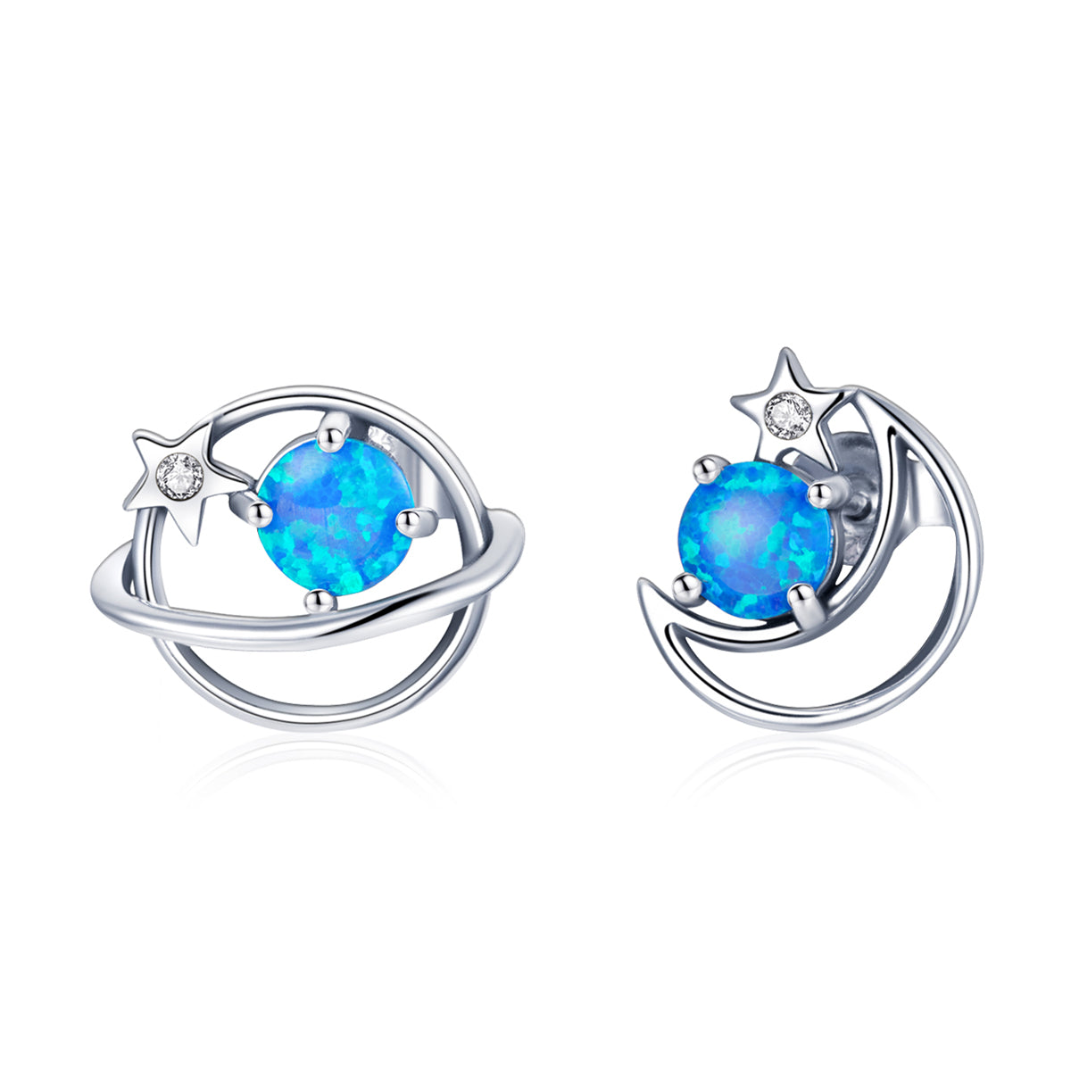 Sterling Silver Blue Opal Planet & Moon Stud Hypoallergenic Earrings