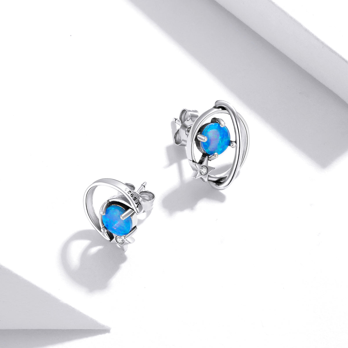 Sterling Silver Blue Opal Planet & Moon Stud Hypoallergenic Earrings