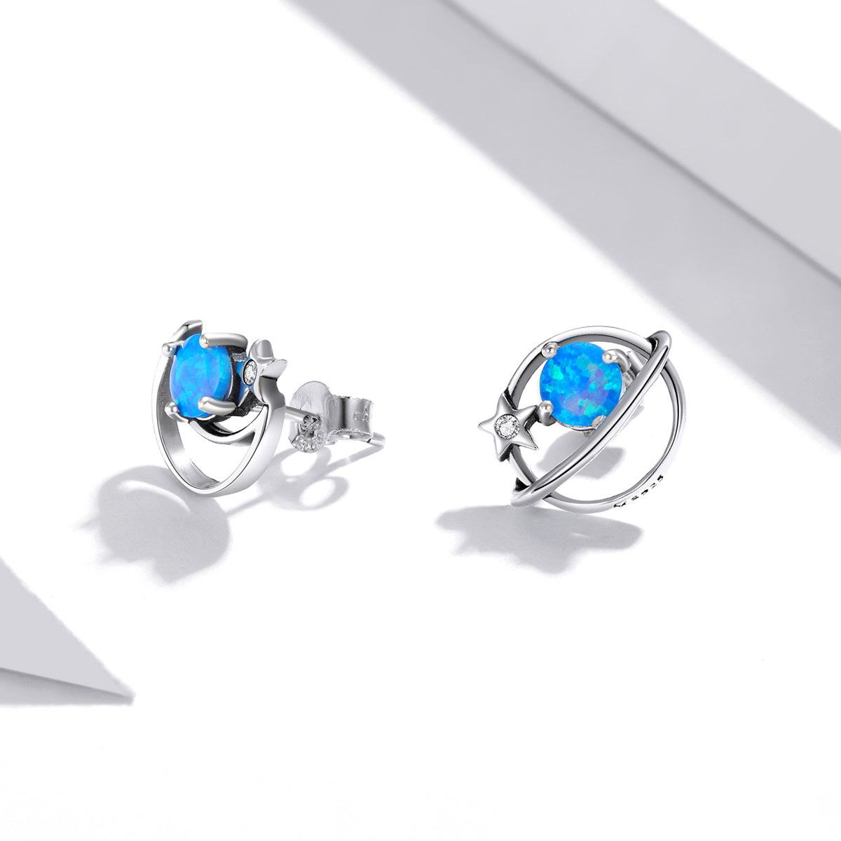 Sterling Silver Blue Opal Planet & Moon Stud Hypoallergenic Earrings