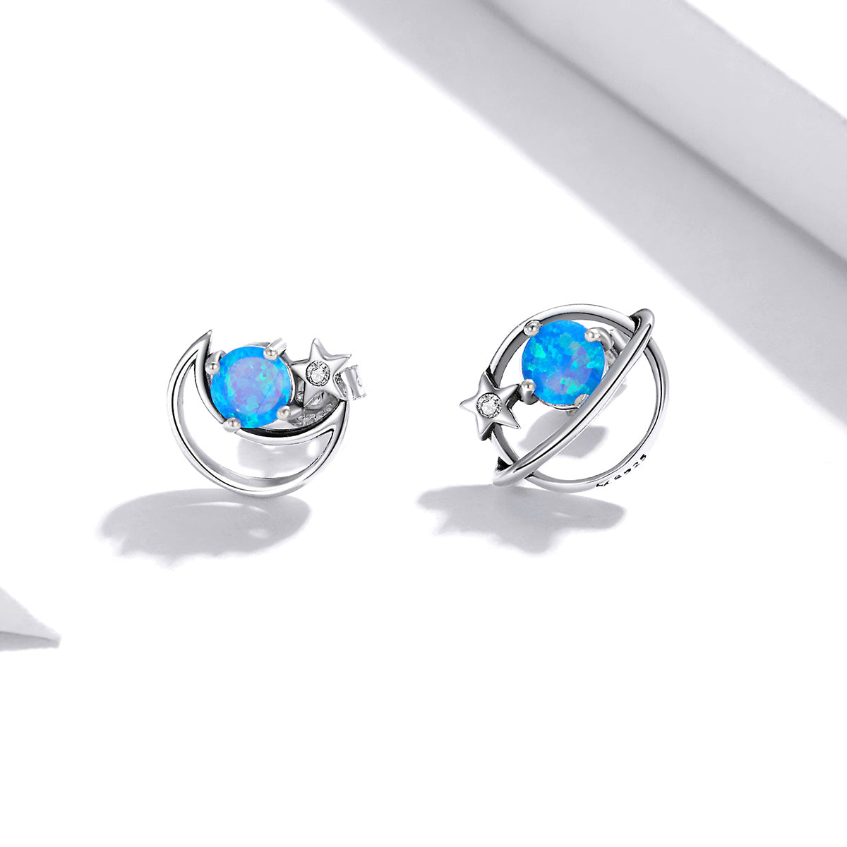 Sterling Silver Blue Opal Planet & Moon Stud Hypoallergenic Earrings