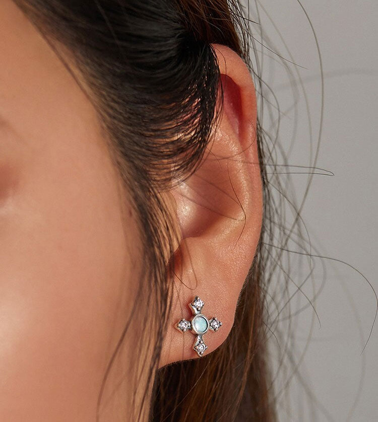 Sterling Silver Opal Vintage Cross Stud Hypoallergenic Earrings