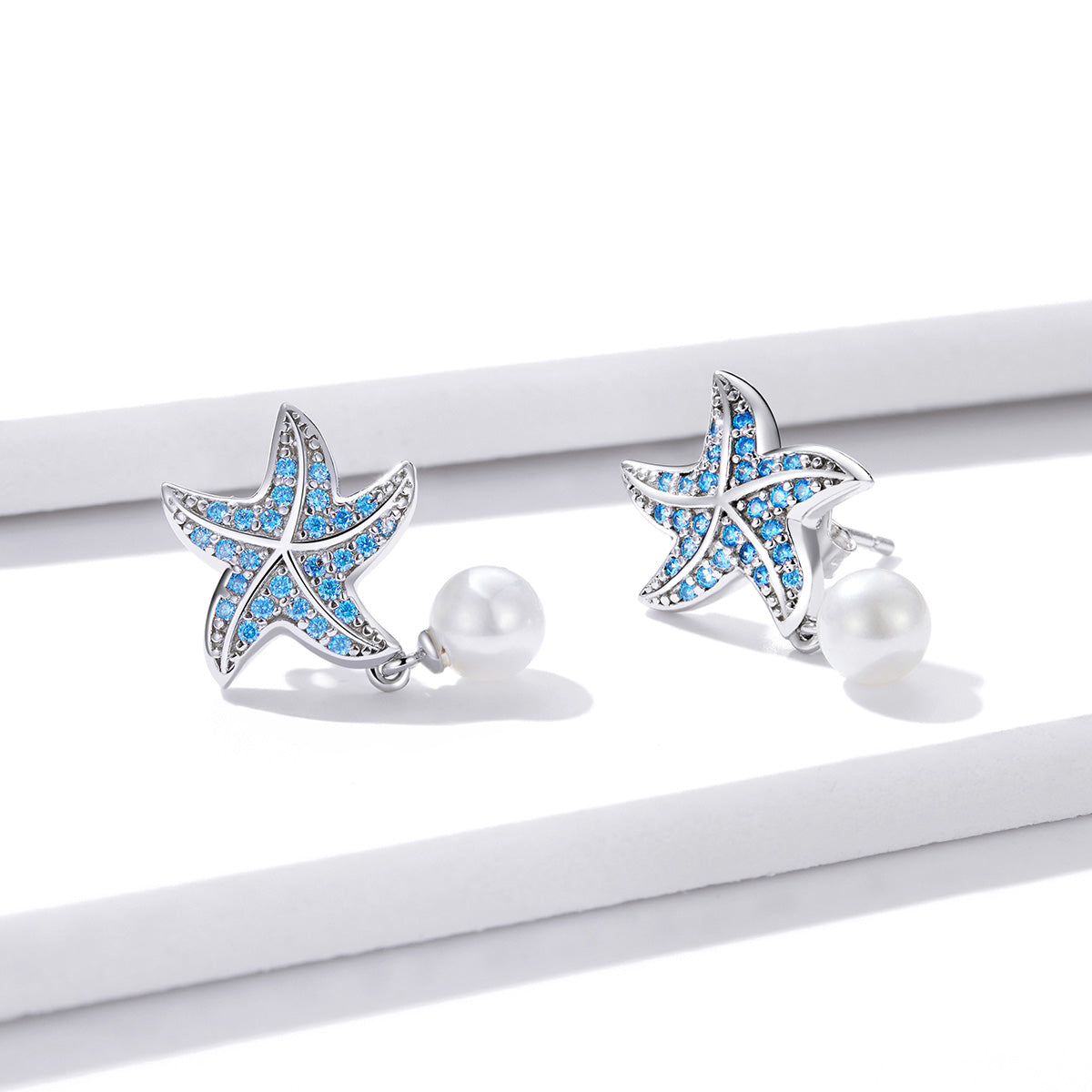 Sterling Silver Starfish Pearl Drop Stud Hypoallergenic Earrings