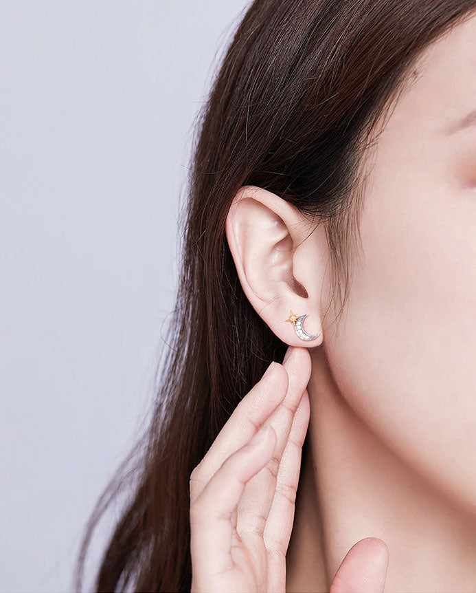 Sterling Silver Bright Moon & Star Stud Hypoallergenic Earrings