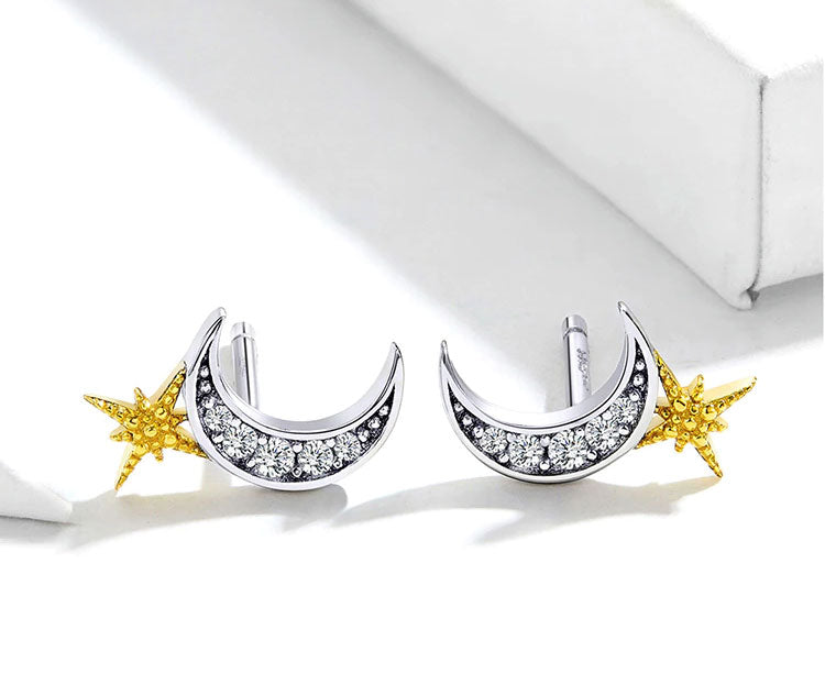 Sterling Silver Bright Moon & Star Stud Hypoallergenic Earrings