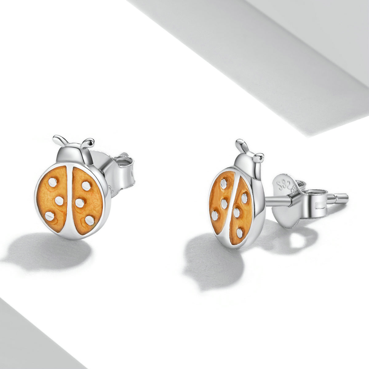 Sterling Silver Orange Ladybug Stud Hypoallergenic Earrings