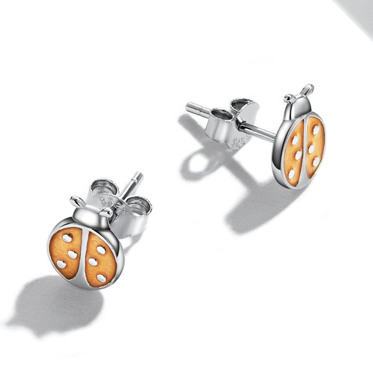 Sterling Silver Orange Ladybug Stud Hypoallergenic Earrings