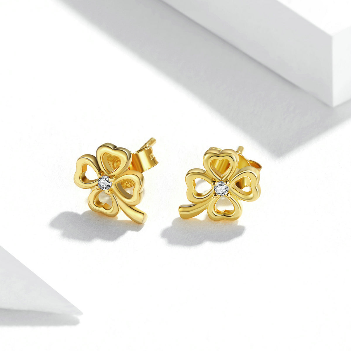 Sterling Silver Gold Lucky Clover Stud Hypoallergenic Earrings