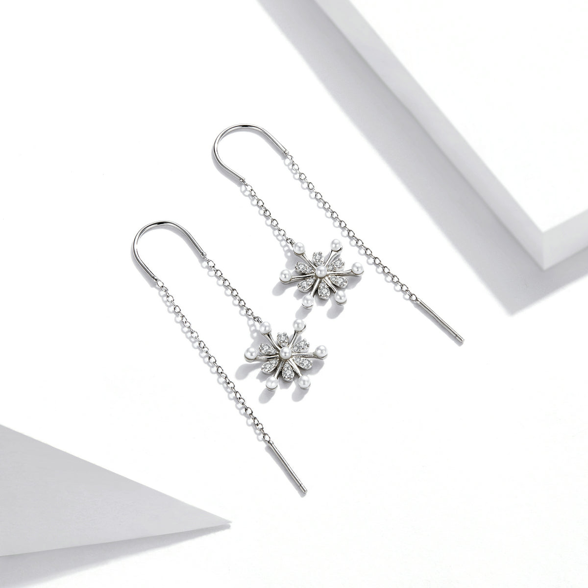 Sterling Silver Pearl Snowflake Threader Hypoallergenic Earrings