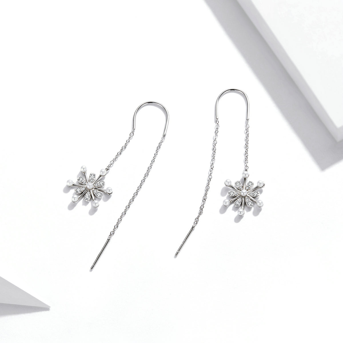 Sterling Silver Pearl Snowflake Threader Hypoallergenic Earrings