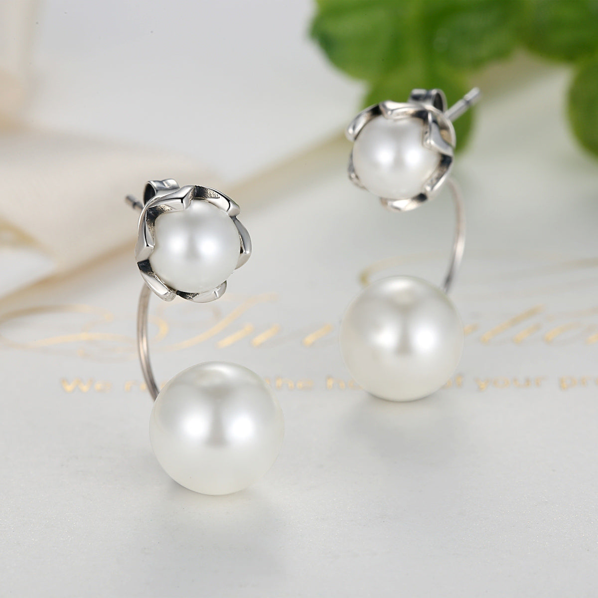 Sterling Silver Double Pearl Stud Hypoallergenic Earrings