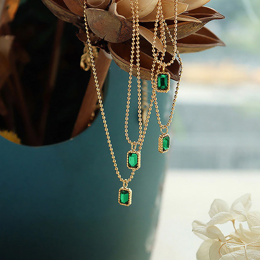 Stainless Steel Green Rectangle Beaded Chain Necklace