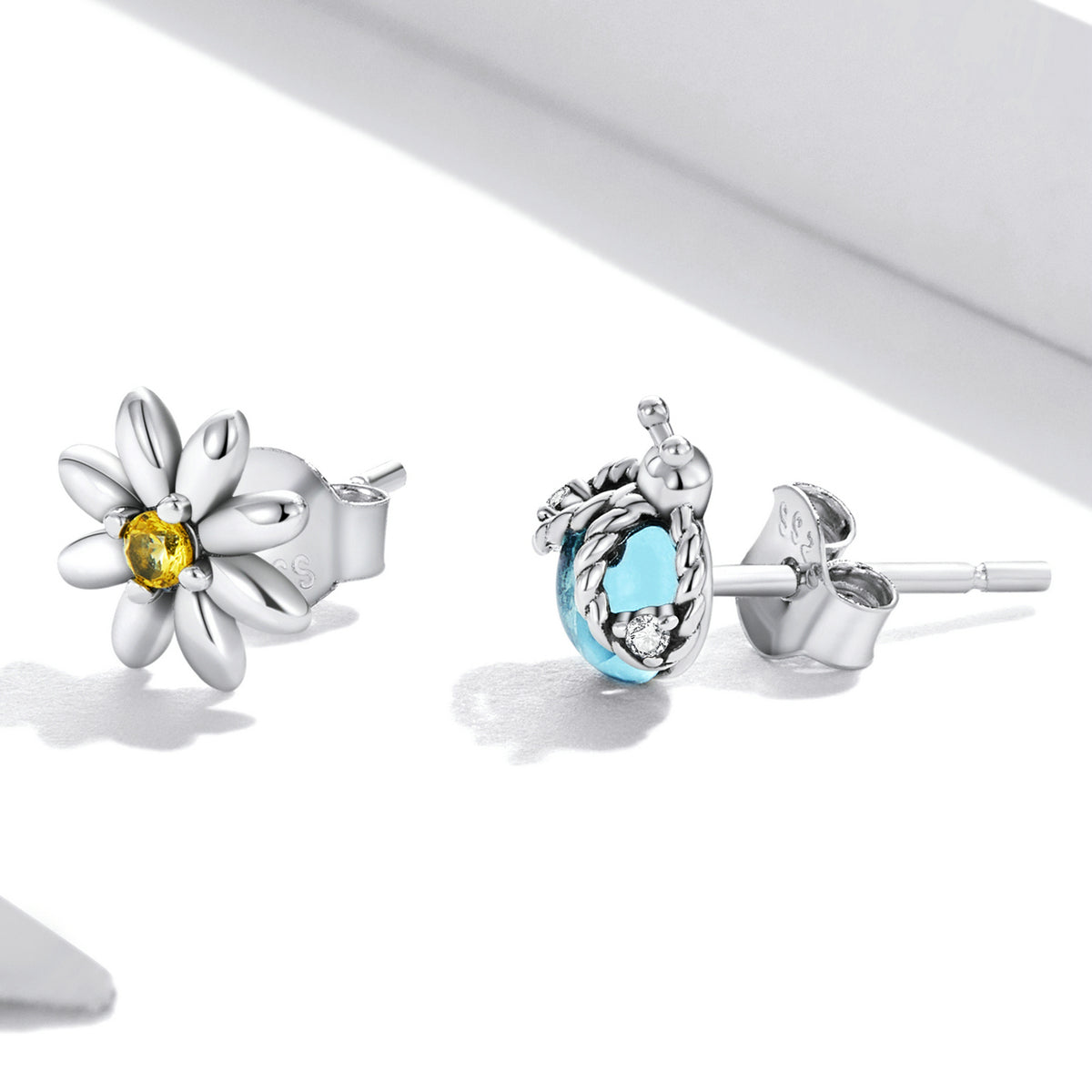 Sterling Silver Daisy & Ladybug Stud Hypoallergenic Earrings