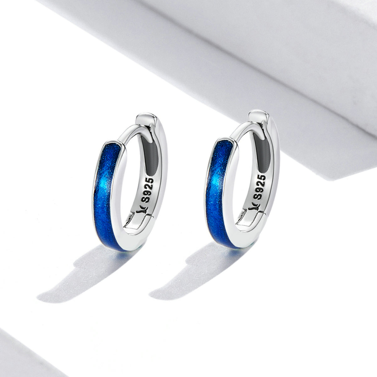 Sterling Silver Blue Stripe Huggie Hypoallergenic Earrings