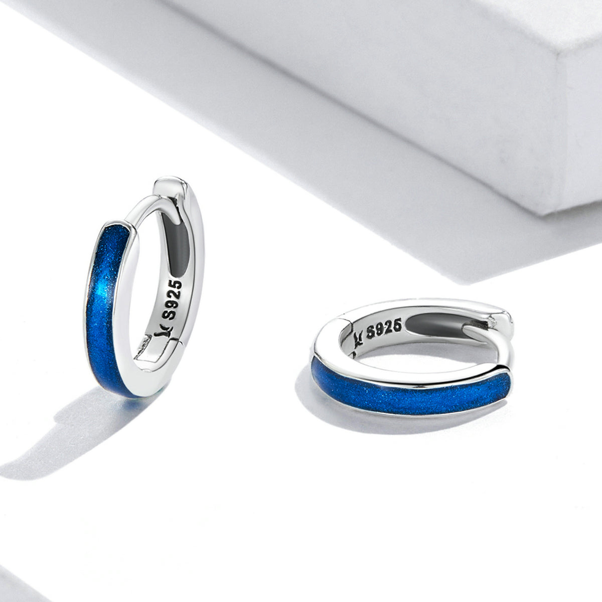 Sterling Silver Blue Stripe Huggie Hypoallergenic Earrings