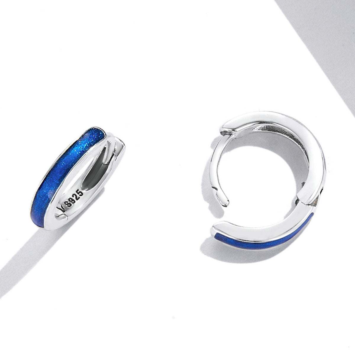 Sterling Silver Blue Stripe Huggie Hypoallergenic Earrings