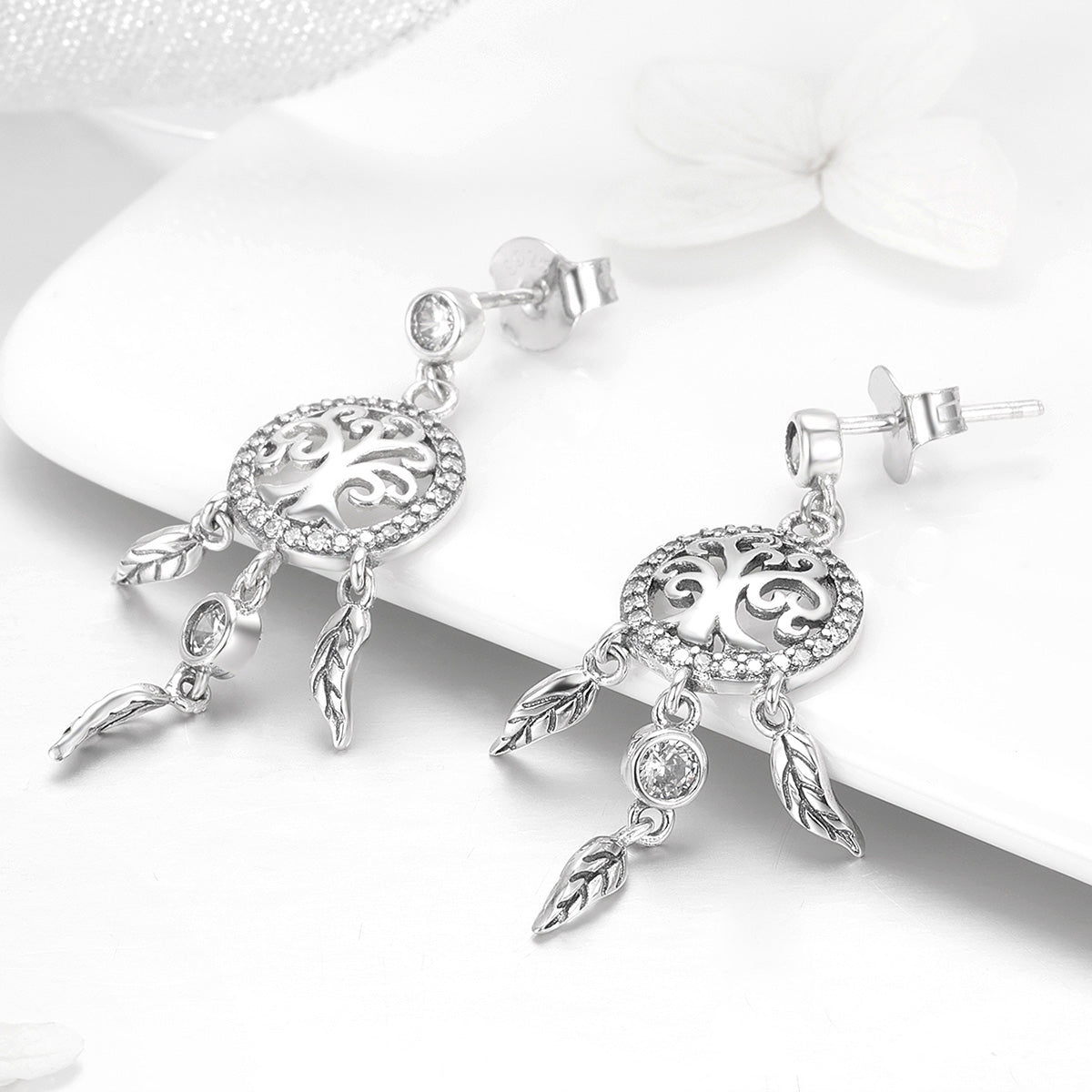 Sterling Silver Shiny Tree of Life Dream Catcher Stud Hypoallergenic Earrings