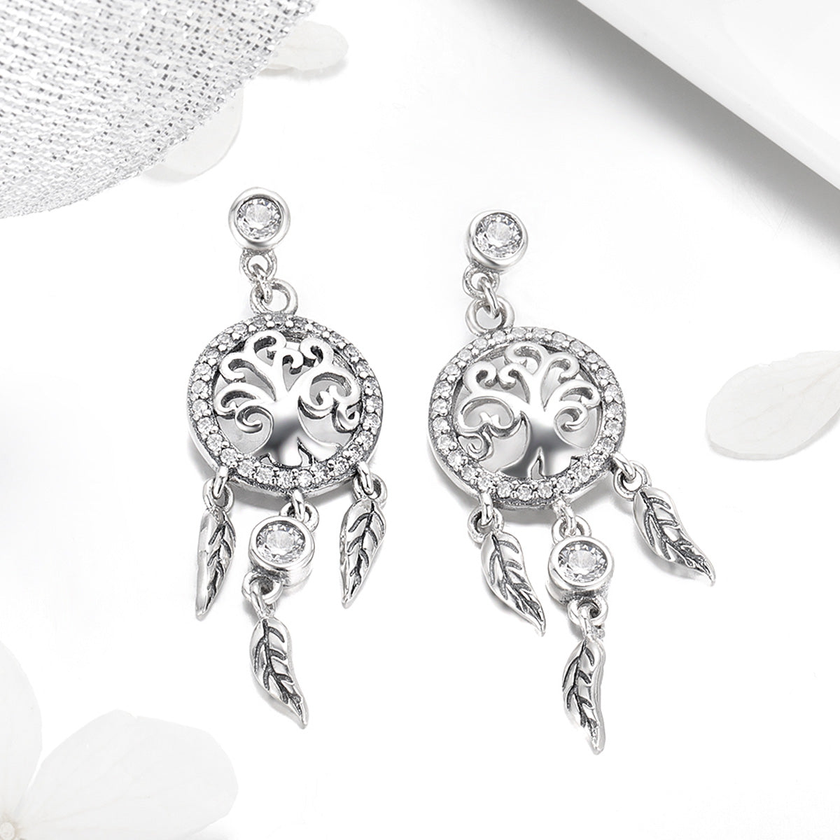Sterling Silver Shiny Tree of Life Dream Catcher Stud Hypoallergenic Earrings