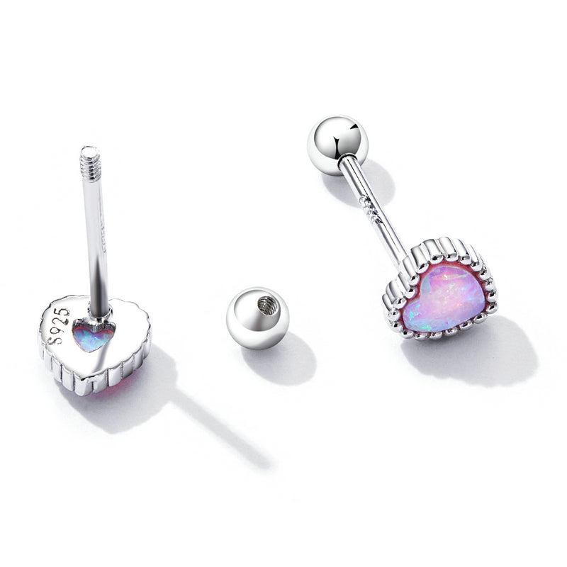 Sterling Silver Pink Opal Heart Screw Stud Hypoallergenic Earrings