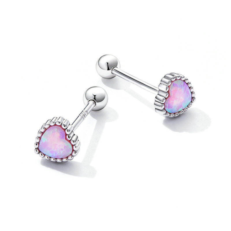 Sterling Silver Pink Opal Heart Screw Stud Hypoallergenic Earrings