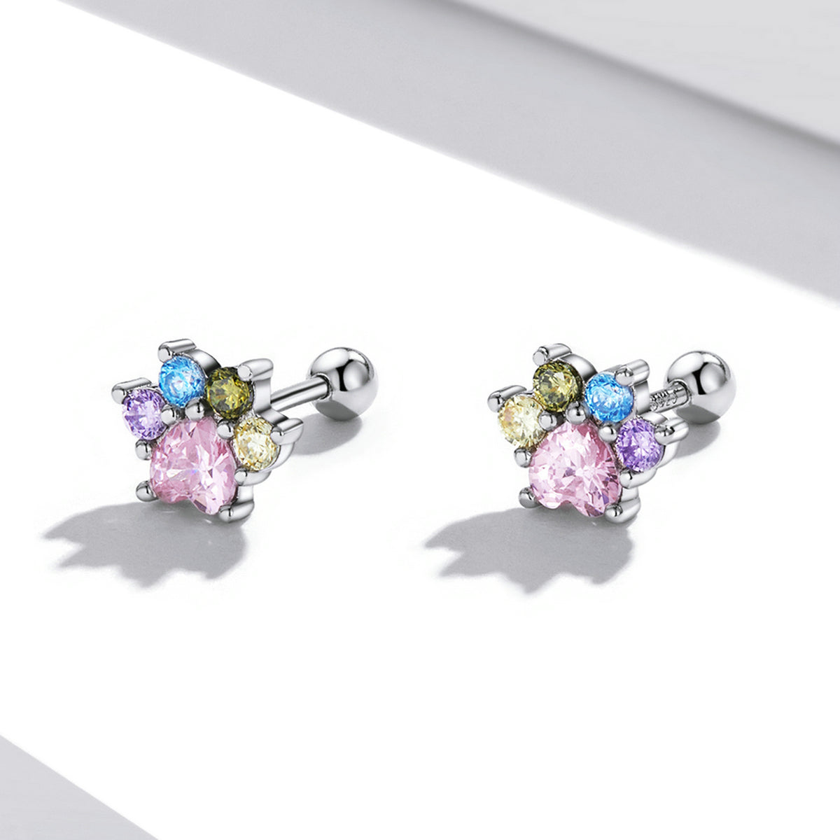 Sterling Silver Colourful Paw Screw Stud Hypoallergenic Earrings