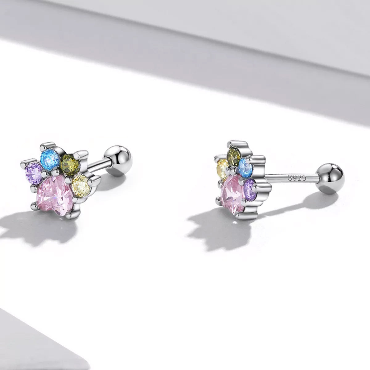Sterling Silver Colourful Paw Screw Stud Hypoallergenic Earrings