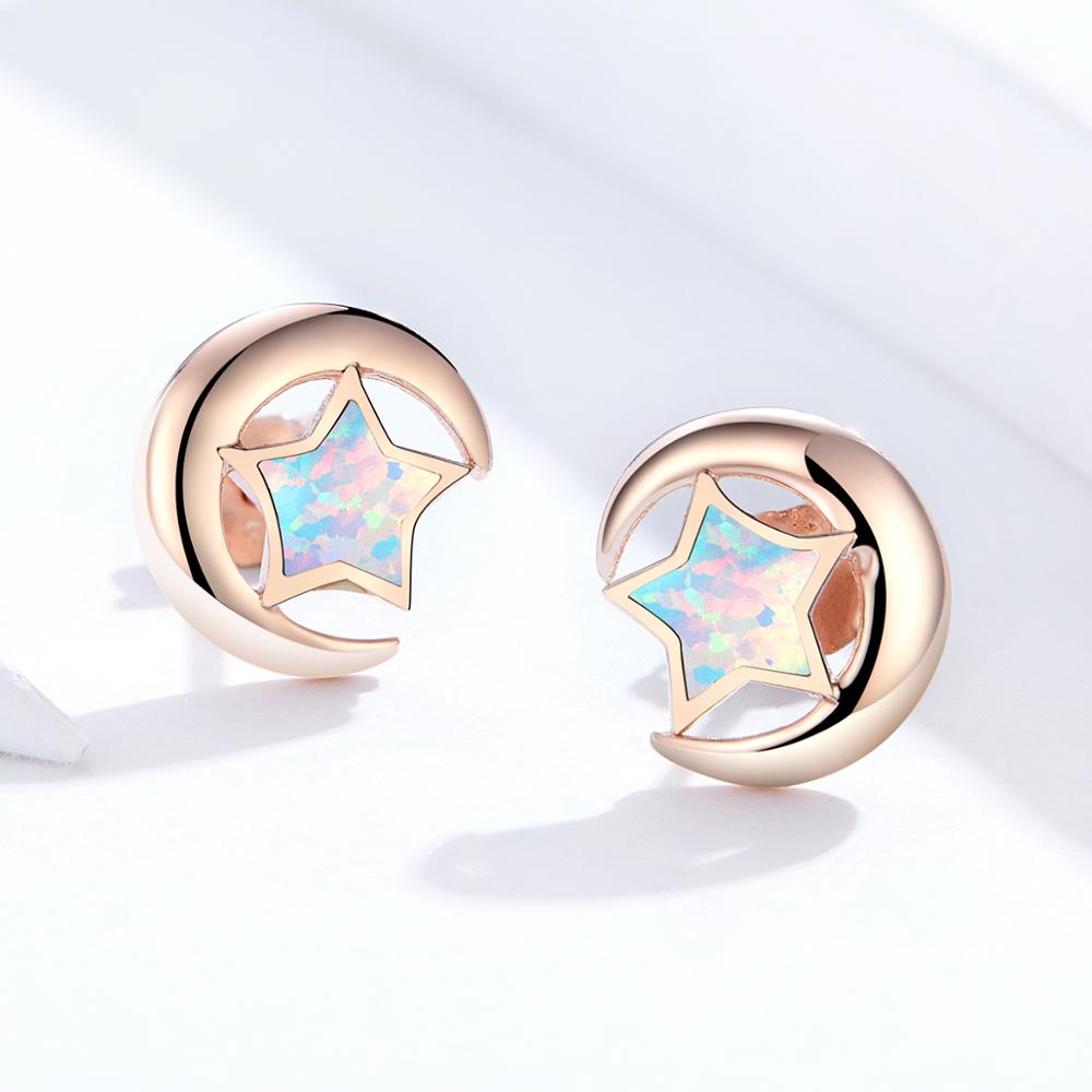 Sterling Silver Opal Moon & Star Hypoallergenic Stud Earrings