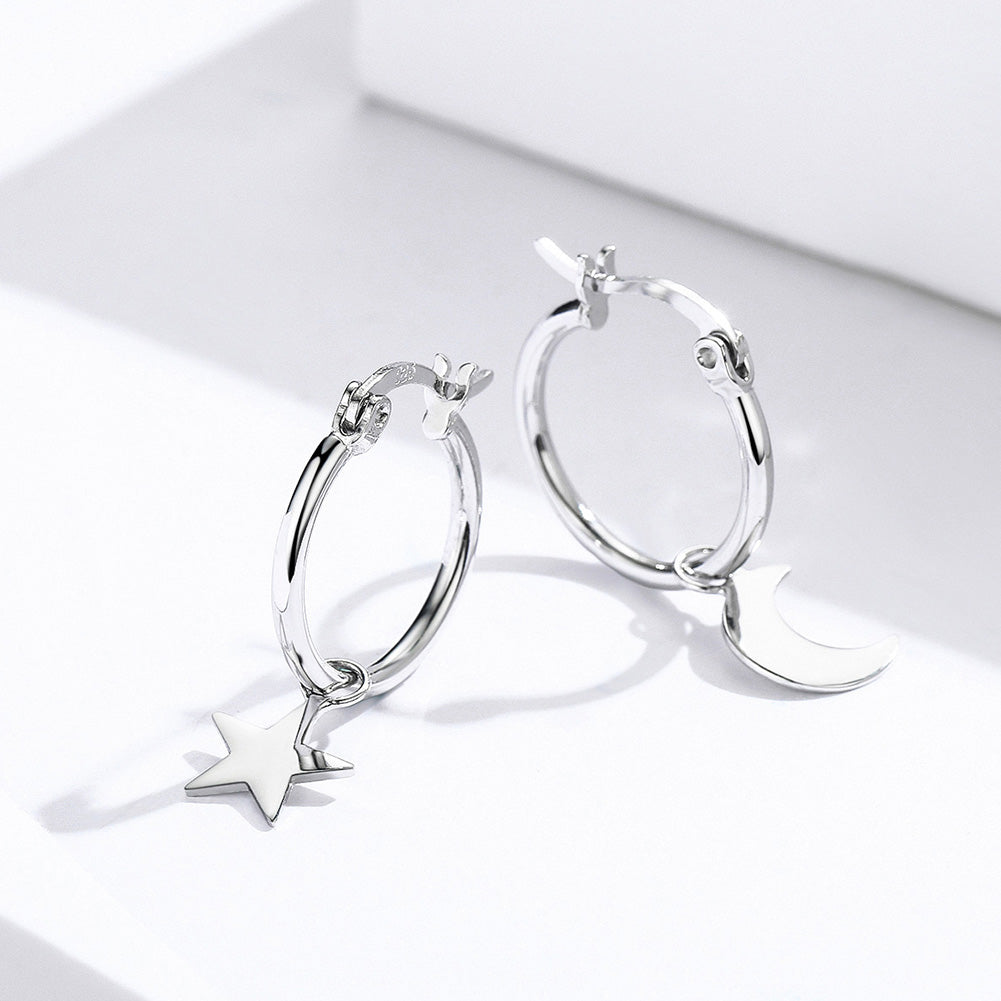 Sterling Silver Crescent Moon & Star Hypoallergenic Hoop Earrings