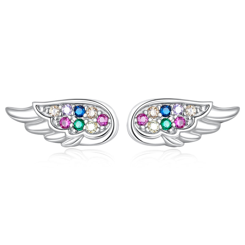 Sterling Silver Angel Rainbow Wings Screw Stud Hypoallergenic Earrings