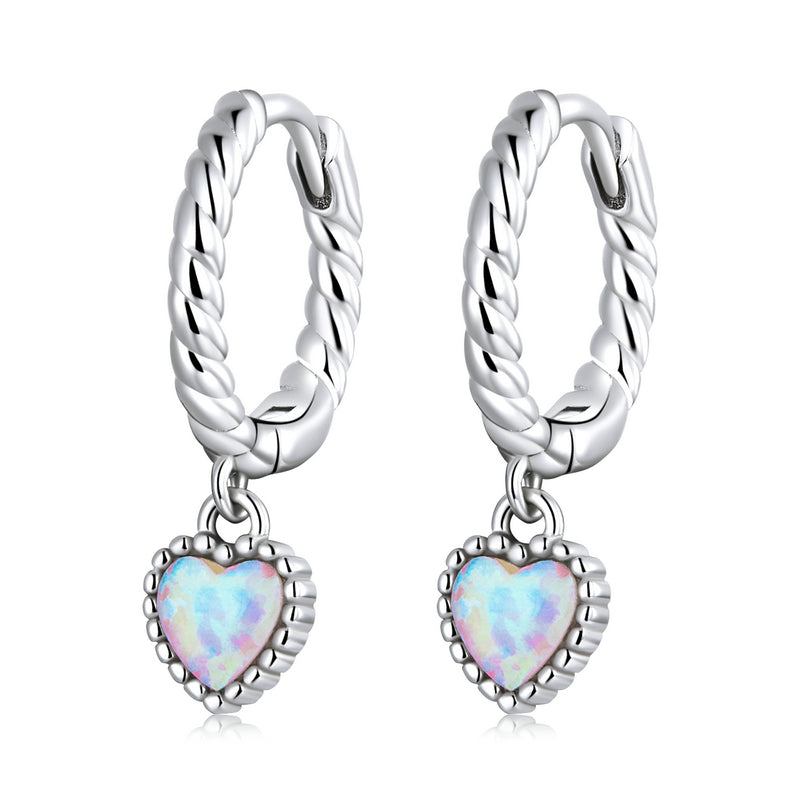 Sterling Silver Opal Love Heart Drop Huggie Hypoallergenic Earrings