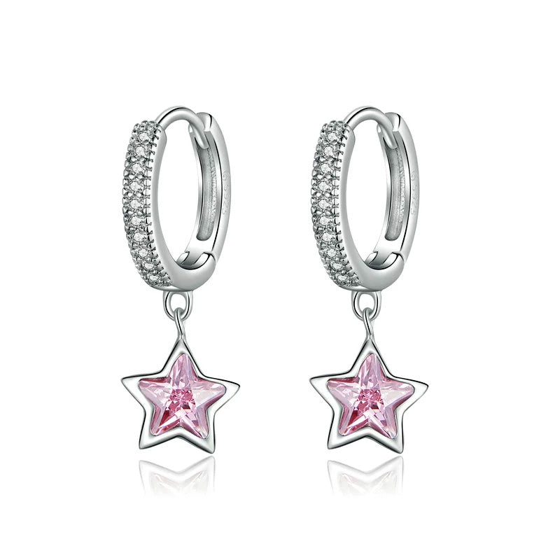 Sterling Silver Pink Star Huggie Hypoallergenic Earrings