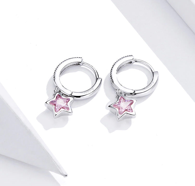 Sterling Silver Pink Star Huggie Hypoallergenic Earrings
