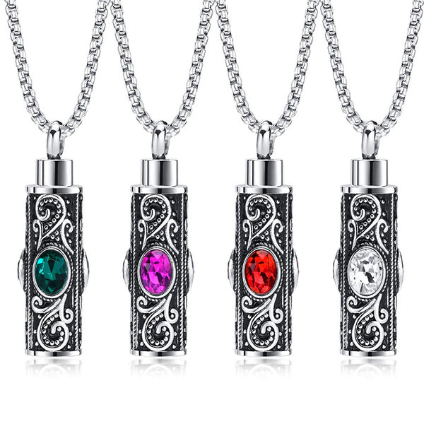 Stainless Steel Birthstone Cylindrical Urn Necklace For Human Or Pet