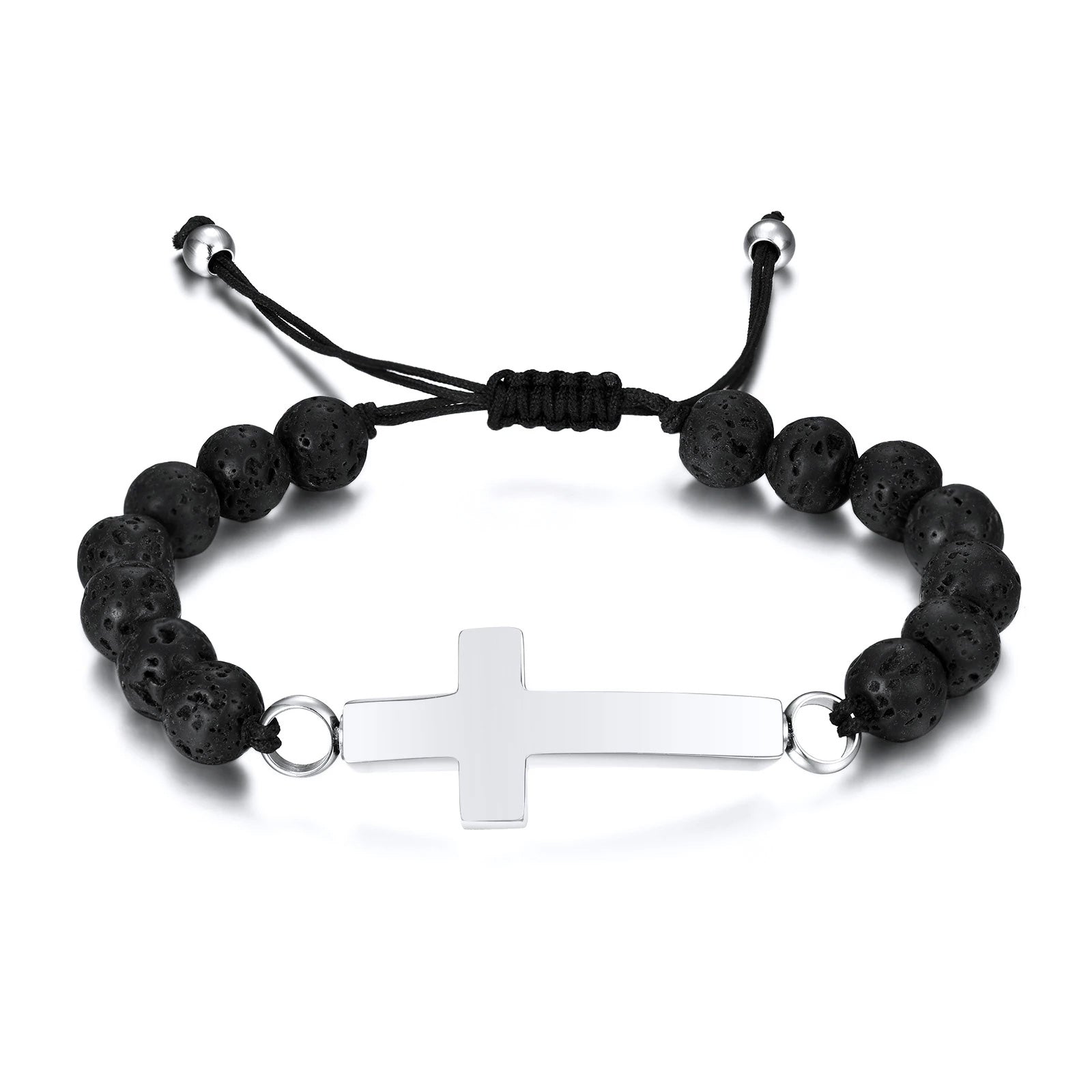 Stainless Steel Cross Urn Black Lava Beaded Bracelet (For Human Or Pet Ashes)