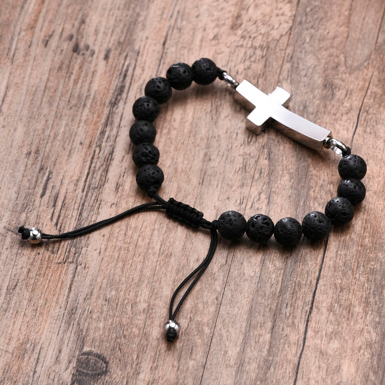 Stainless Steel Cross Urn Black Lava Beaded Bracelet (For Human Or Pet Ashes)